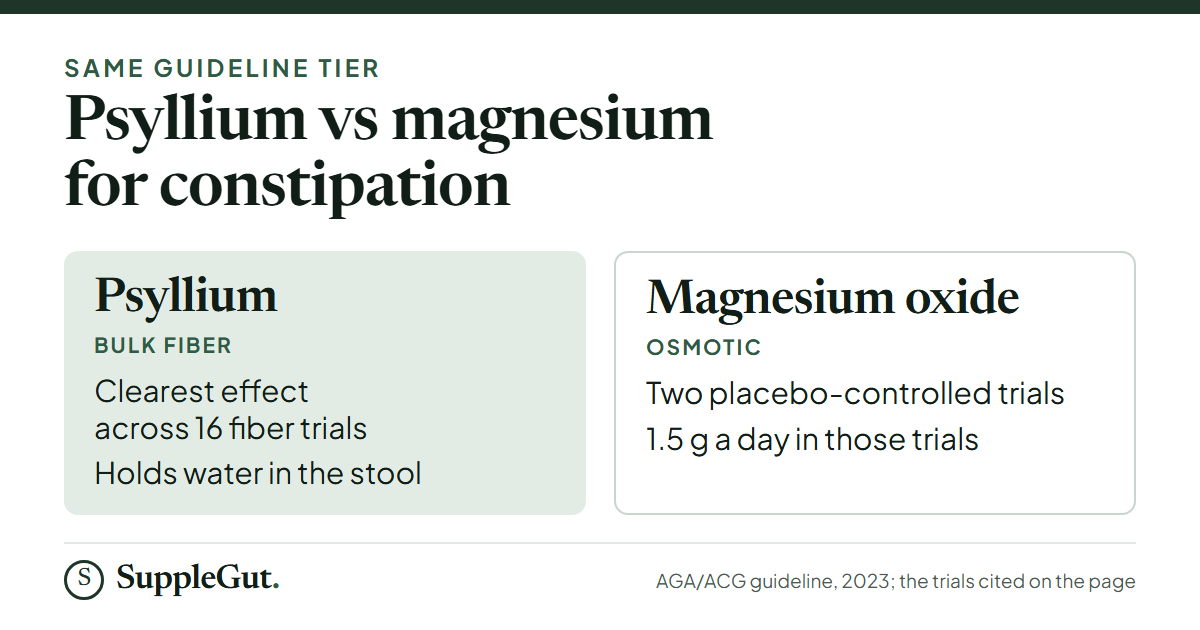 Psyllium, a bulk fiber that holds water in the stool, had the clearest effect across 16 randomized fiber trials. Magnesium oxide, an osmotic, has two placebo-controlled trials at 1.5 g a day. The 2023 guideline puts them in the same tier.
