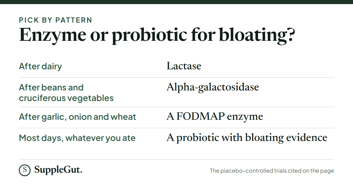 For bloating after dairy, lactase; after beans and cruciferous vegetables, alpha-galactosidase; after garlic, onion and wheat, a FODMAP enzyme; for bloating most days whatever you ate, a probiotic with bloating evidence.