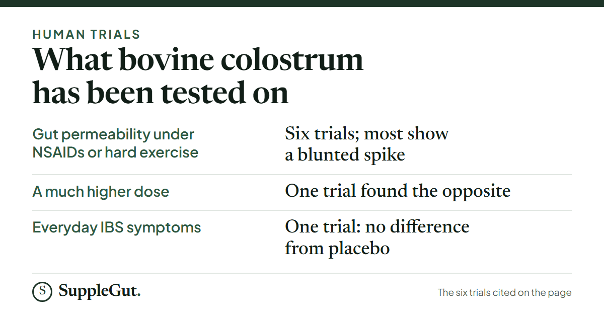 Bovine colostrum has six human trials on gut permeability under NSAIDs or hard exercise, most showing a blunted spike; one trial at a much higher dose found the opposite; the one trial of everyday IBS symptoms found no difference from placebo.