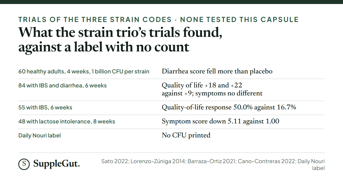 Five rows: a 60-person healthy-adult trial where a diarrhea score fell more than placebo; an 84-person IBS trial with quality-of-life gains of 18 and 22 points against 9 but no symptom difference; a 55-person IBS trial with a 50.0% response against 16.7%; a 48-person lactose trial with a 5.11 point fall against 1.00; and a label that prints no CFU.