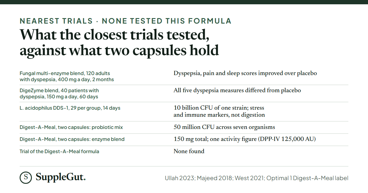 Six rows: a 120-adult dyspepsia trial of 400 mg a day of a fungal multi-enzyme blend with improved scores; a 40-patient trial of 150 mg a day of DigeZyme with all five measures differing from placebo; a night-shift trial of 10 billion CFU of L. acidophilus DDS-1 measuring stress and immune markers; Digest-A-Meal's probiotic mix of 50 million CFU across seven organisms; its 150 mg enzyme blend with one activity figure; and no trial of the formula.