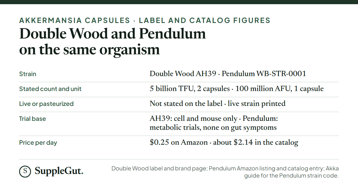 A five-row comparison of Double Wood and Pendulum Akkermansia: strains AH39 and WB-STR-0001; 5 billion TFU in two capsules against 100 million AFU in one; Double Wood does not state live or pasteurized while Pendulum prints live strain; AH39 has cell and mouse work only while Pendulum has metabolic trials and none on gut symptoms; $0.25 a day against about $2.14.