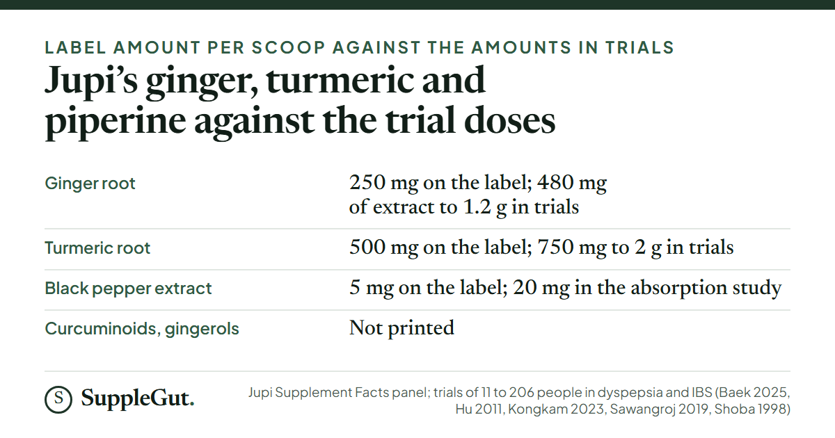 Four rows: ginger root is 250 mg per scoop against 480 mg of extract to 1.2 g in trials; turmeric root is 500 mg against 750 mg to 2 g; black pepper extract is 5 mg against 20 mg in the absorption study; curcuminoid and gingerol content is not printed.