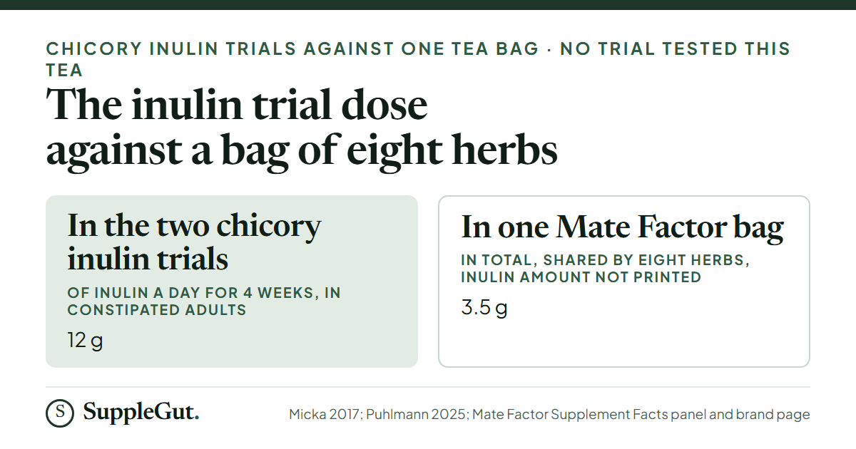 Two figures side by side: 12 grams of chicory inulin a day for 4 weeks in the constipation trials, against 3.5 grams in total in one Mate Factor Digestive Tea bag, which is shared by eight herbs and prints no inulin amount.
