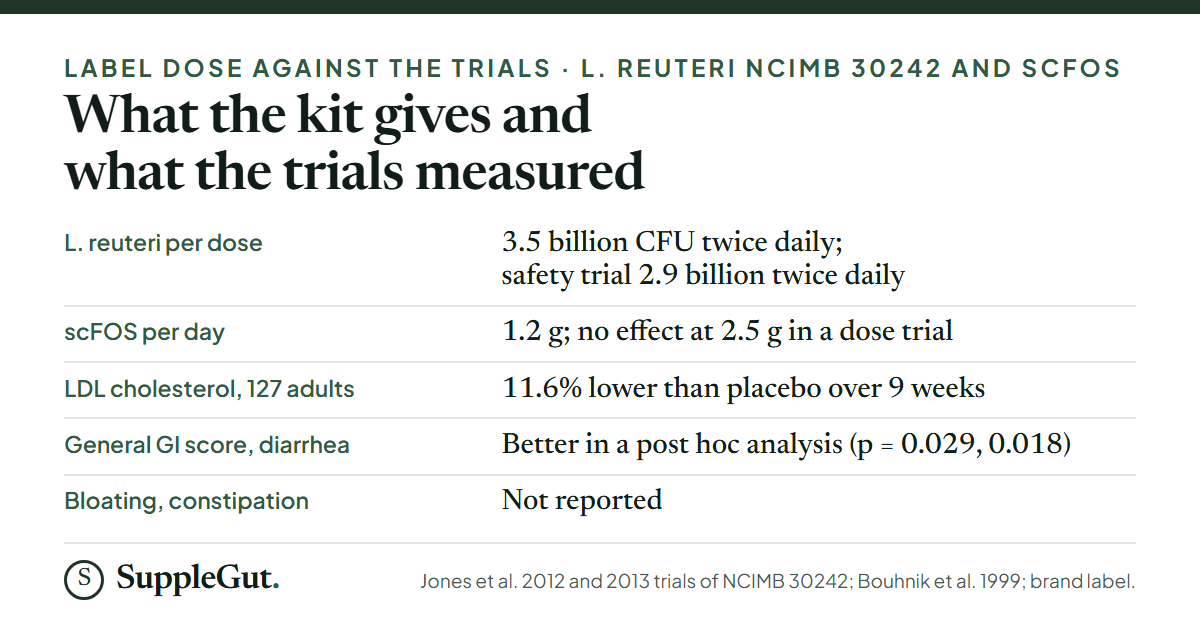 A five-row table: 3.5 billion CFU twice daily on the label against 2.9 billion twice daily in the safety trial; 1.2 g of scFOS a day against no effect at 2.5 g; LDL cholesterol 11.6% lower than placebo in 127 adults; general gut score and diarrhea better in a post hoc analysis; bloating and constipation not reported.