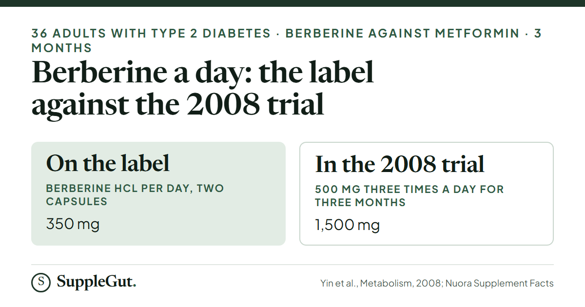 Nuora Gut Ritual has 350 mg of berberine per day, against 1,500 mg a day in the 2008 trial of 36 adults with type 2 diabetes.