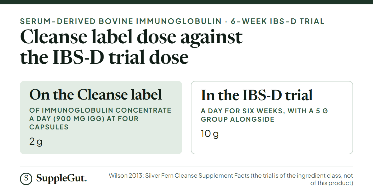 Four capsules of Silver Fern Cleanse supply 2 g of serum-derived immunoglobulin concentrate, 900 mg of it IgG, against 10 g a day for six weeks in the highest-dose group of a placebo-controlled trial in diarrhea-predominant IBS, which also had a 5 g group.