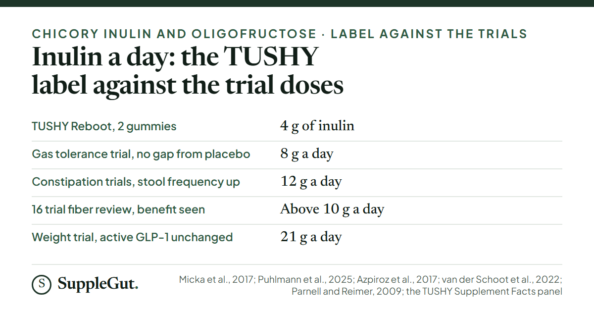 The TUSHY label gives 4 g of inulin per two gummies. A gas tolerance trial used 8 g a day and found no significant gap from placebo, two constipation trials used 12 g a day and raised stool frequency, a review of 16 fiber trials found benefit above 10 g a day, and a weight trial used 21 g a day of oligofructose and left active GLP-1 unchanged.