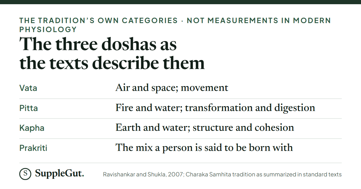 The three doshas as Ayurveda describes them: vata is air and space and governs movement, pitta is fire and water and governs transformation and digestion, kapha is earth and water and governs structure and cohesion; prakriti is the mix a person is said to be born with.