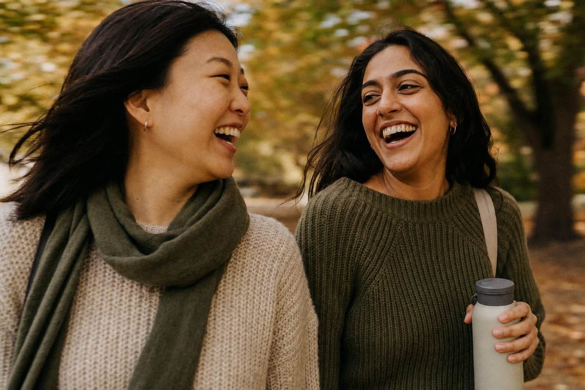 Two women in their 30s and 40s smiling and walking together outdoors in warm natural morning light