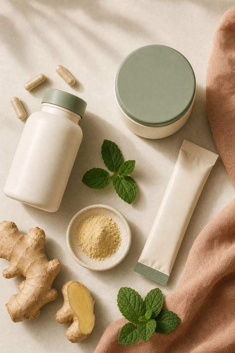 Natural gut health supplements, fresh ginger, botanical tea leaves, and clean glass jars on a soft linen surface